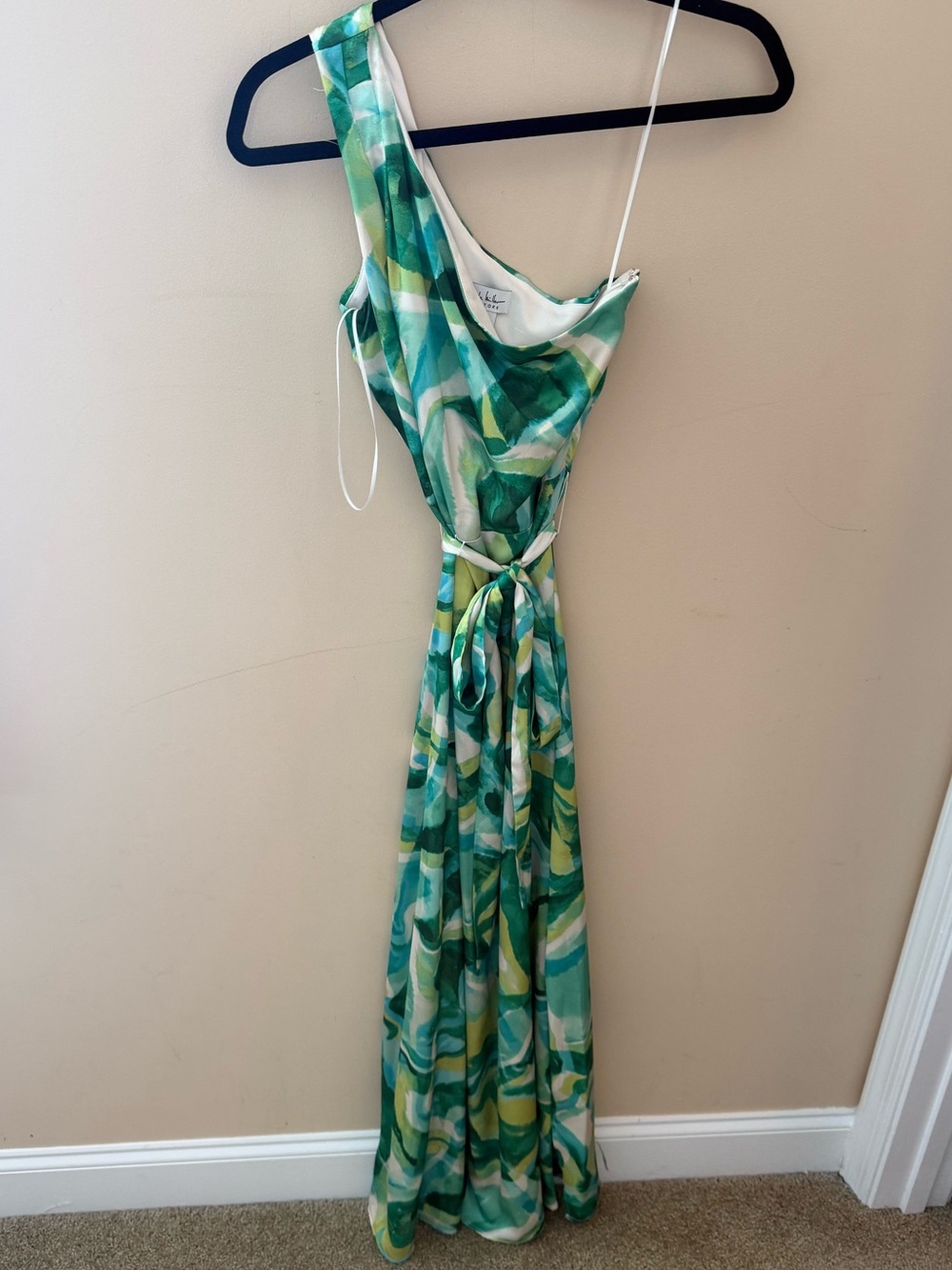 Nicole Miller one shoulder silky slinky green blue swirl maxi dress size 4